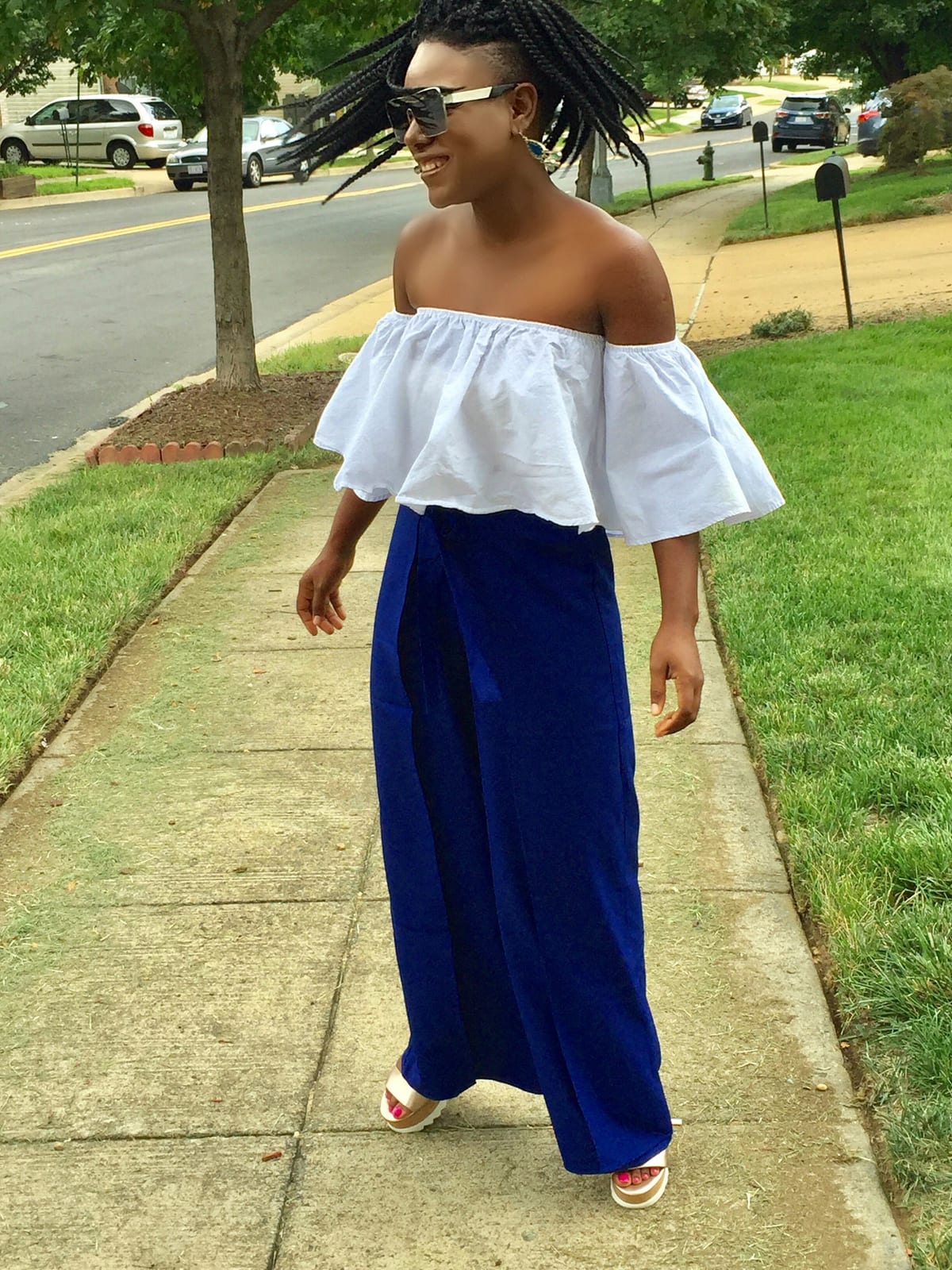 Off-Shoulder Top and Blue Denim Wide Legs