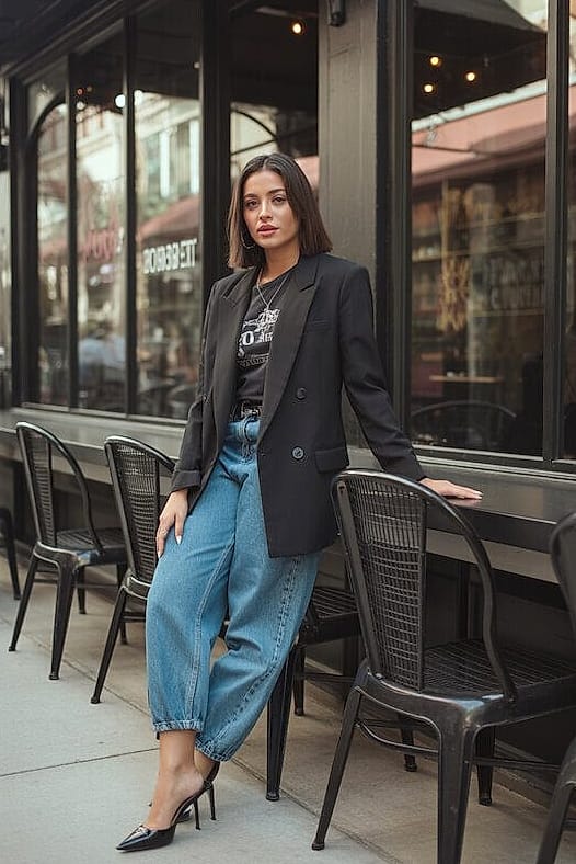 20 Baggy Jeans Outfits That Look Effortlessly Cool 16 Baggy Jeans with Heels for a Dressy Twist