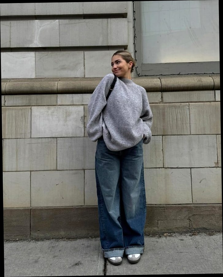 Cozy Knit Sweater and Grey Baggy Jeans for Fall