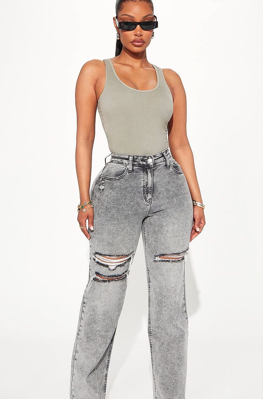 Grey Baggy Jeans with a Fitted Ribbed Top