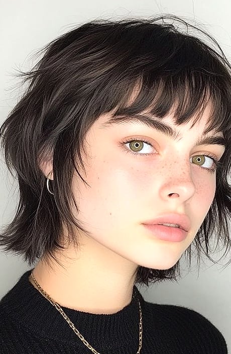 Wolf Cut With Bangs: 11 Ideas That Look So Good 8 Textured Wolf Cut With Baby Bangs