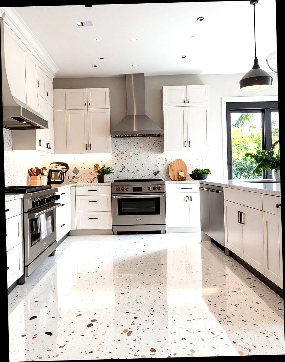 White Kitchen with Terrazzo or Patterned Floor Tiles