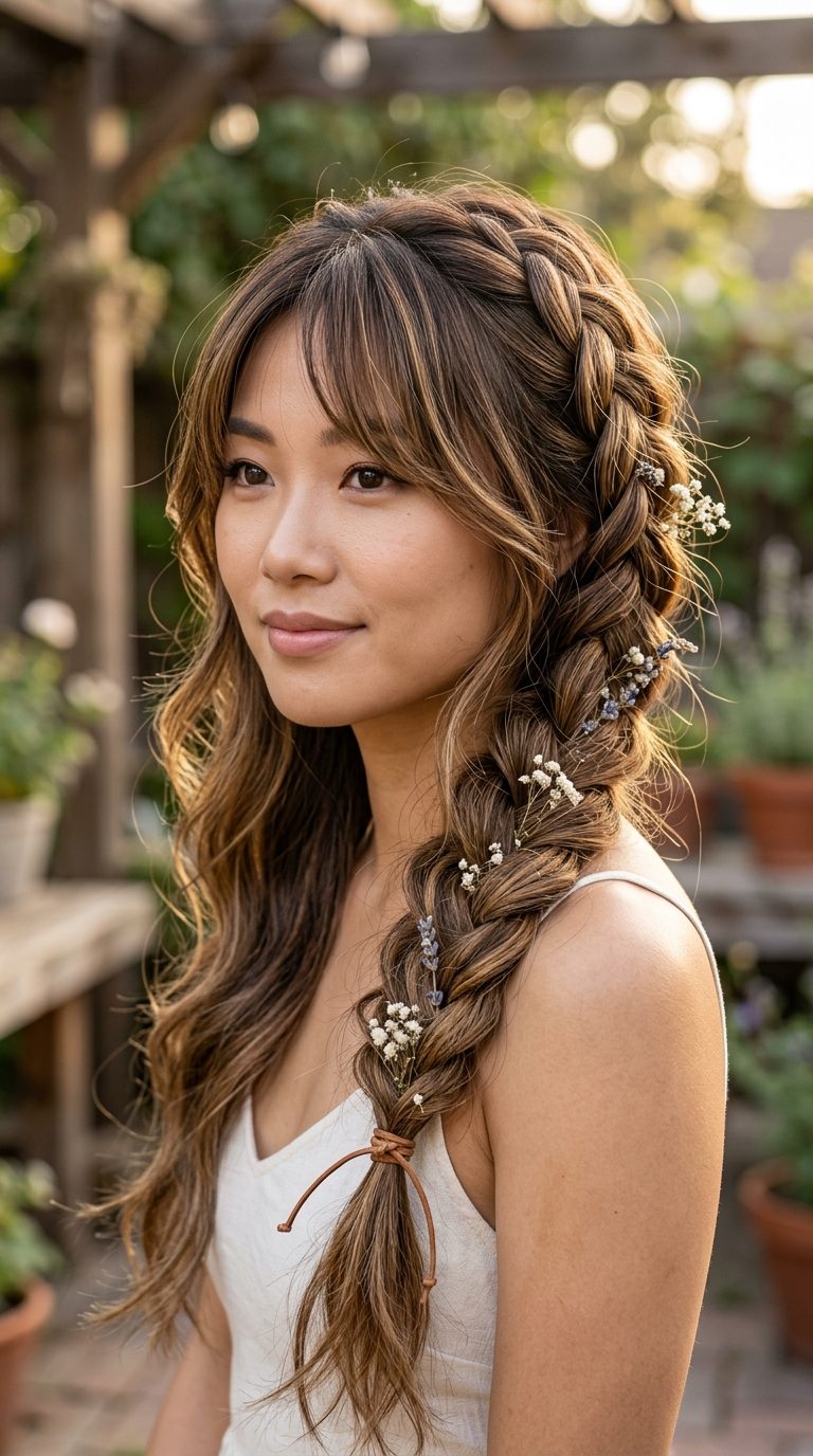 Curtain Bangs With a Long Braid for Boho Flair