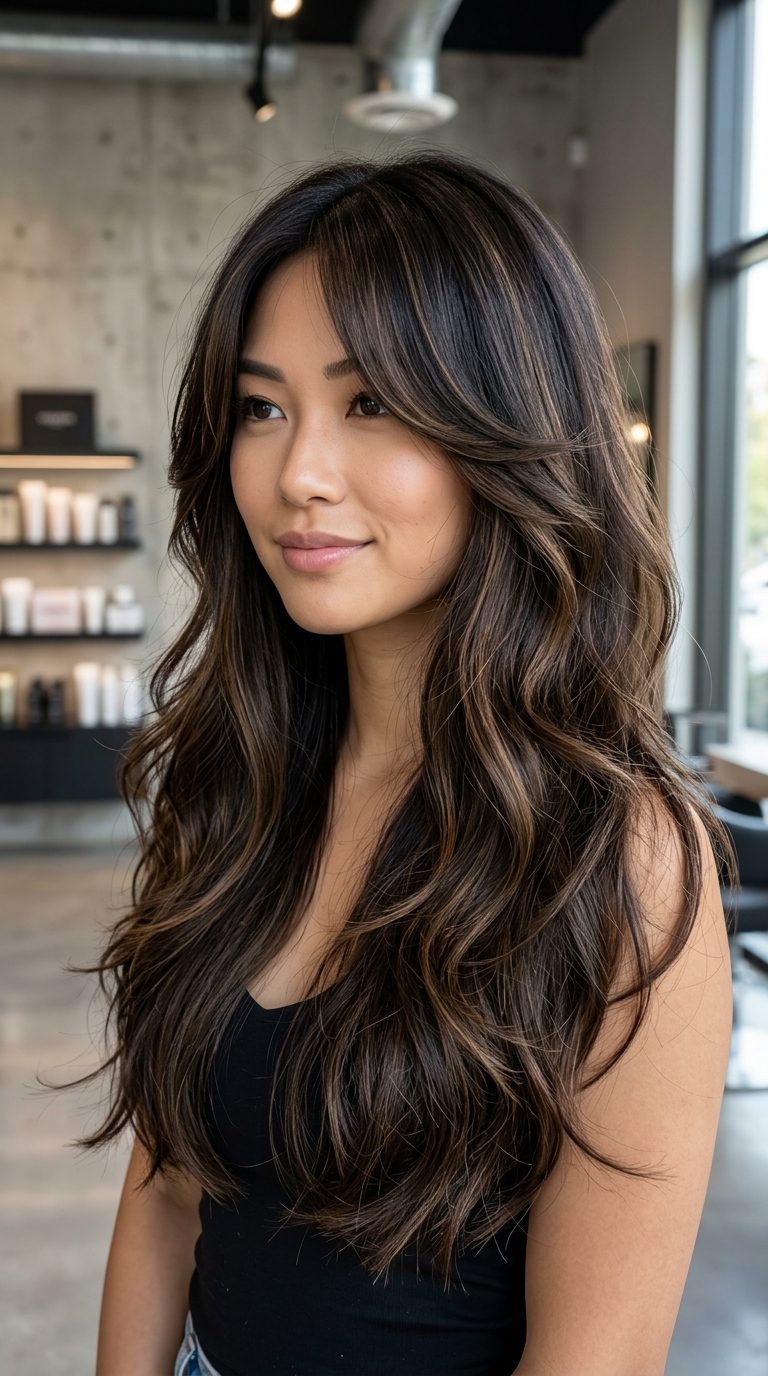 Curtain Bangs With Long Layers for Added Volume and Movement