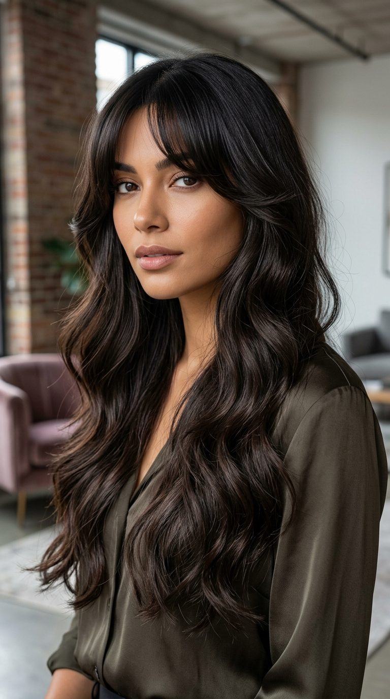 Curtain Bangs With Long Dark Hair for a Sultry, Dramatic Effect