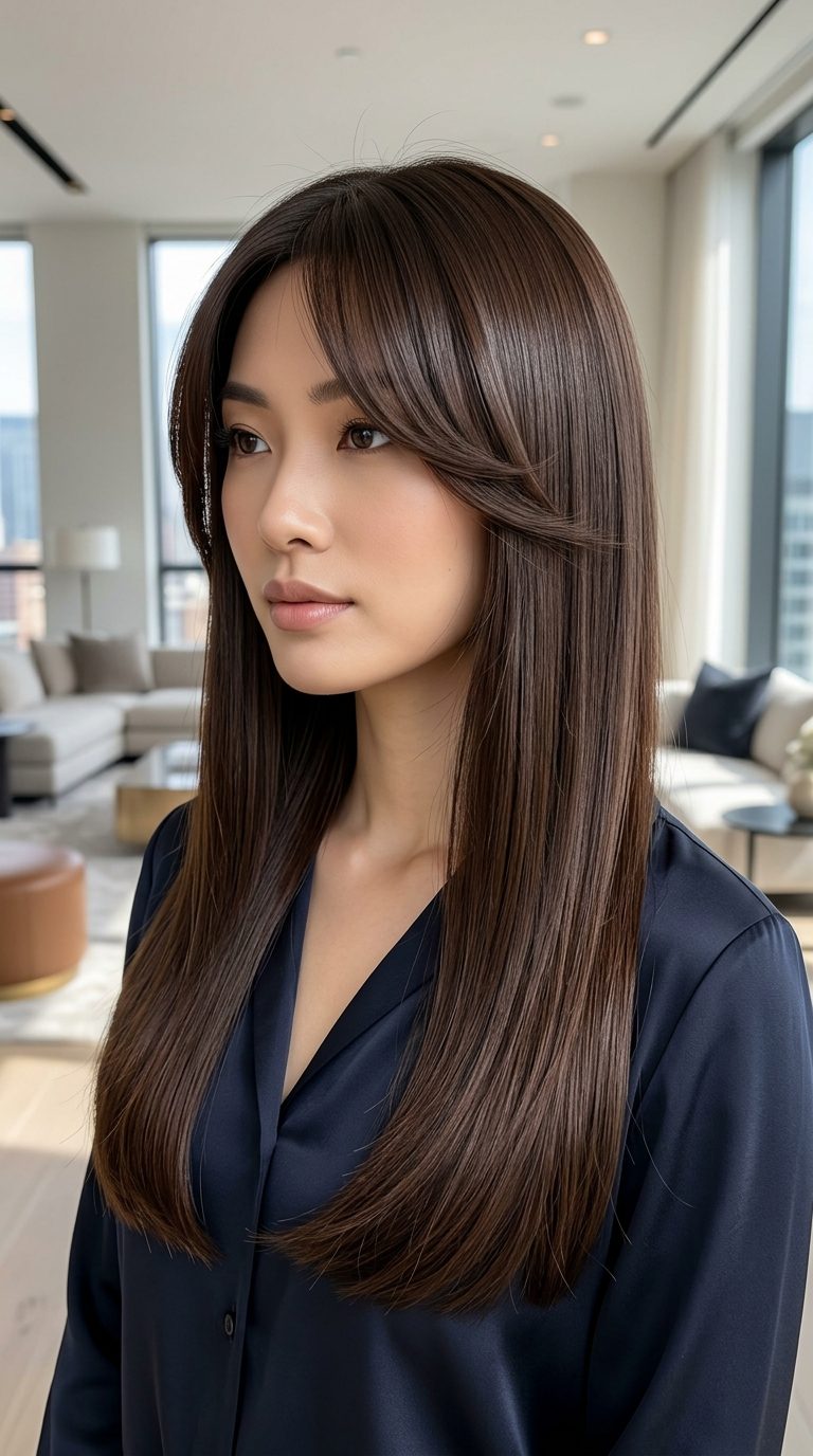 Sleek Straight Hair With Curtain Bangs for a Polished Look