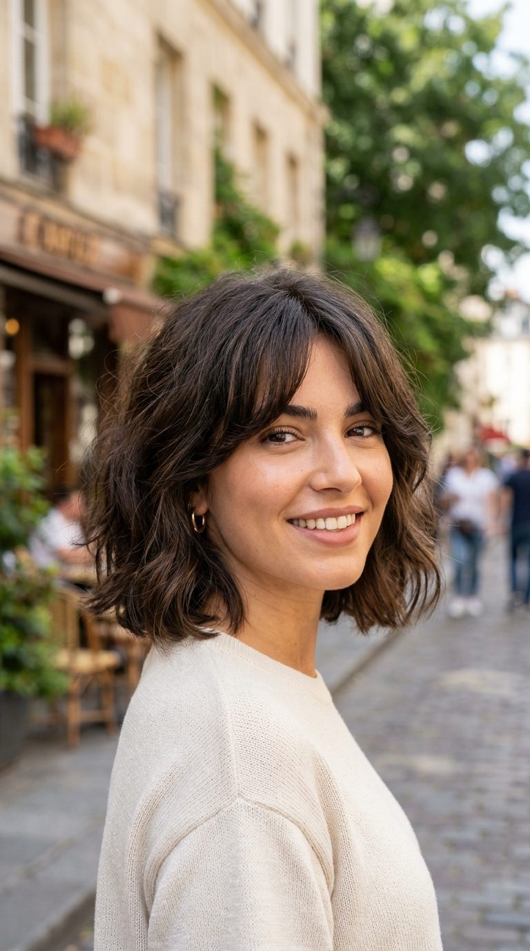 Textured Curtain Bangs Bob for Thick Hair